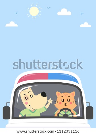 Background Illustration of a Dog Riding and a Cat Driving an Ambulance