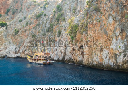 Alanya peninsula, Alanya, Turkey. Tourist ships on the Mediterranean Sea
