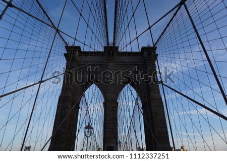 Upshot of Brooklyn bridge right before sunset