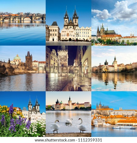 Beautiful Prague in Summer. Set of nine pictures with cityscapes, including Charles Bridge, St. Vitus Cathedral, streets and riverside