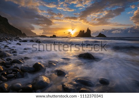 sea landscape, dynamic sunset over the ocean. Benijo in Tenerife