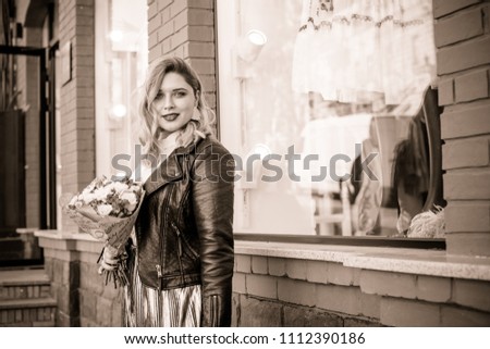 Concept of life modern woman in big city, lifestyle citizen peoples, lady at spring or autumn day. Middle age woman plus size , walk around center streets 