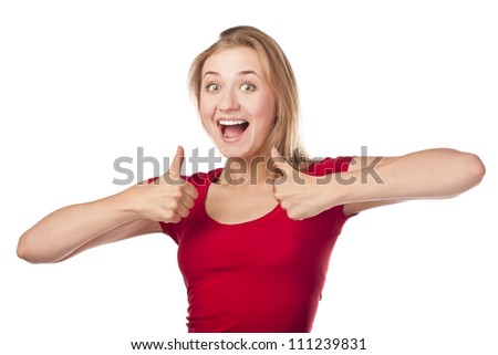 Happy funny girl showing thumbs up and laughing. isolated on white background