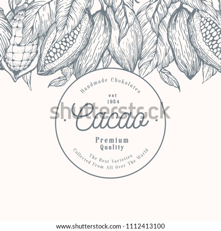 Cocoa bean tree banner template. Chocolate cocoa beans background. Vector hand drawn illustration. Vintage style illustration.