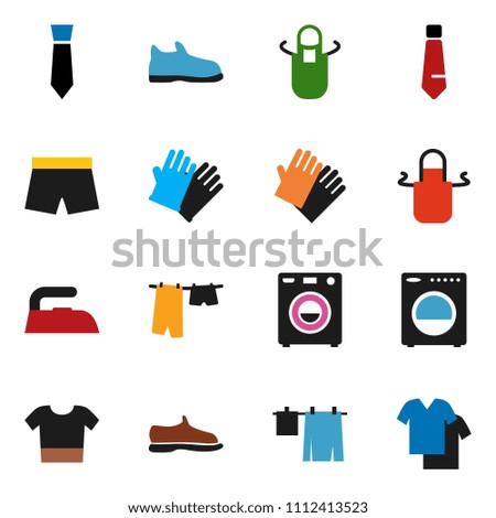 solid vector ixon set - iron vector, drying clothes, rubber glove, apron, tie, snickers, shorts, washer