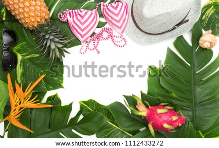 Still life photo holiday concept with border of monstera vine leaf and bikini, hat, fruit and flower top view flat layout mockup