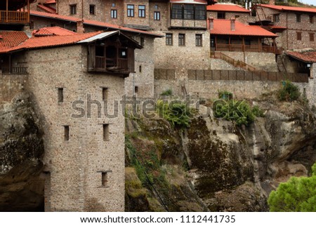 Great Meteoron Monastery. Beautiful scenic view, ancient traditional greek building on the top of huge stone pillar in Meteora, Eastern Orthodox Church, Pindos, Thessaly, Greece, Europe