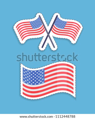 USA flags patriotic symbols vector illustration set with two crossed striped American banners, national patriotism signs isolated on blue background