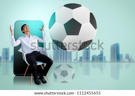 Man satisfy or be satisfied business with smart phone on city blurry background with football tournament 2018 
icon using  for inter nationnal champion of world made to illustration 
vector image