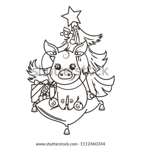 Happy New 2019 Year card with cartoon baby pig. Small vector symbol of holiday. Coloring page