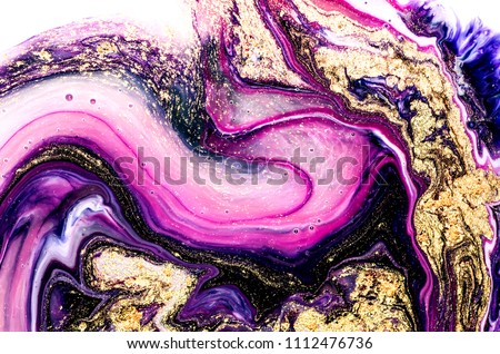 Very beautiful purple swirl pattern. Luxury art in Eastern style. Artistic design. Painter uses vibrant paints to create these magic art, with addition golden glitters. Masterpiece of designing art.  Royalty-Free Stock Photo #1112476736