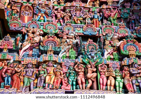 Colorful idols on the Gopuram, Sarangapani Temple, Kumbakonam, Tamil Nadu, India. It is one among the three major shrines of Lord Vishnu. Renovated during the period of Nayaka Kingdom of 16th century