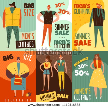 Life cycles of man and woman vertical cards, clothing collections for youth, mature persons, isolated vector illustration