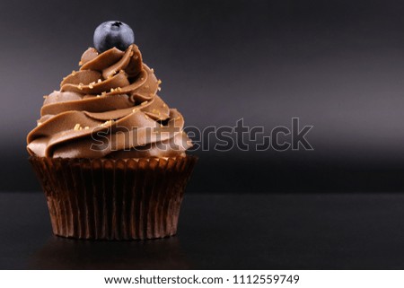 Cupcake with whipped chocolate cream, decorated fresh blueberry, gold confectionery sprinkling on black background. Picture for a menu or a confectionery catalog.