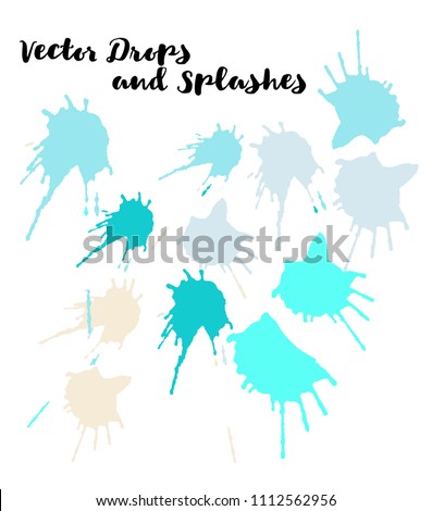 Blue Vector Splashes, Hand Painted Watercolor Splatter. Indian Holi Color Festival, Paint Highlight, Burst. Blue Holi Paint Splats, Vector Paintbrush Doodle. Bright Funky Graffiti Smears, Buttons.