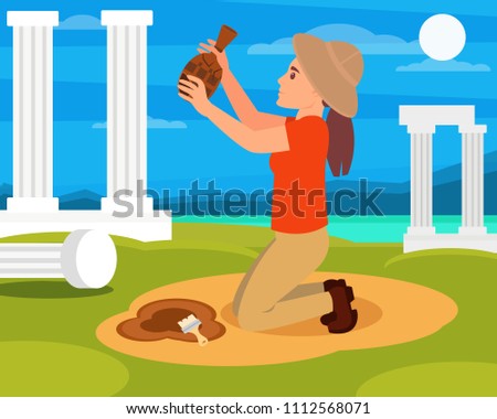 Woman archaeologist with old ceramic jug in hands. Archaeological excavations in Greece. Columns, sea and blue sky on background. Flat vector design