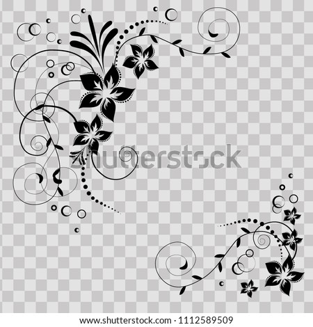 Flower corner in vector. Black flowers on transparent background. Flowery invitation card. Background with floral elements.