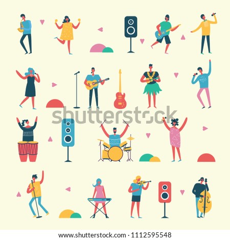 Vector set in a flat style of group of singing, playing different music instrument people
