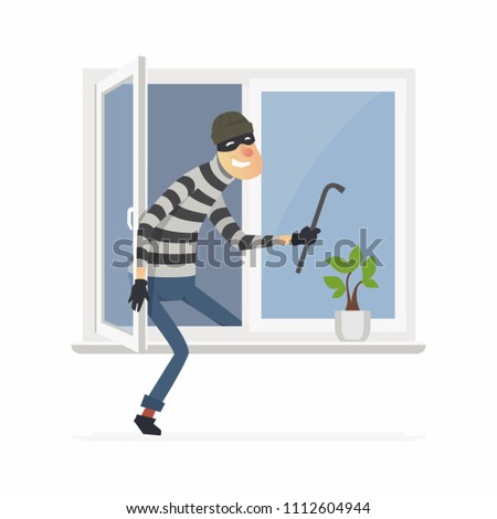 Burglar - cartoon people characters illustration isolated on white background. An image of a housebreaker, thief in a mask breaking into a house through an open window at night, holding a crowbar