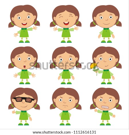Set of little funny girl in green dress isolated on white background.