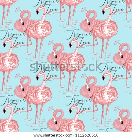 Watercolor flamingo love couple pattern. Vector seamless background with pink flamingo lovers. Colorful hand drawn illustration of exotic tropical birds - symbols of fashion and love.