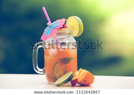 Summer background. Fresh homemade fruit lemonade 