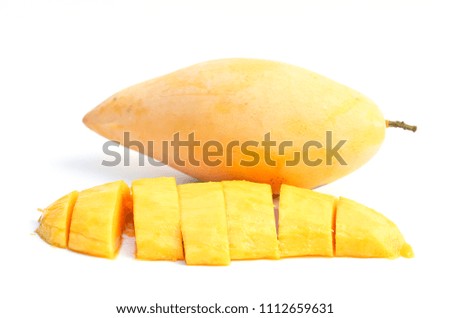 The beautiful yellow mango is a fruit that is sweet and sour. Very well planted in the tropics.  isolated On white background with  clipping path. 