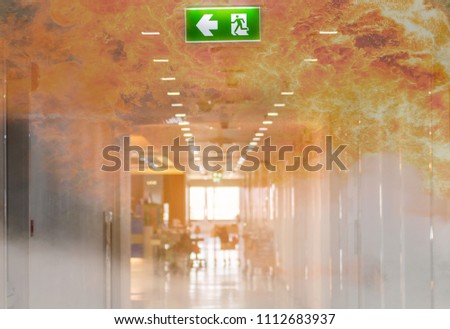 double exposure green emergency exit sign in hospital showing the way to escape with fire
