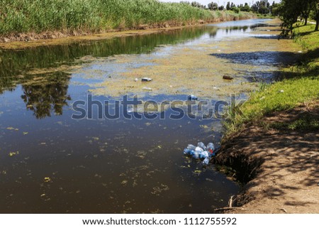 Small dying river was overgrown with marsh plants. Pollution of surrounding straddle, rapid growth of algae. Ecological problem. Rubbish in water. Plastic bottles pollute nature. Trash in river