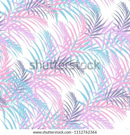Beach cheerful seamless pattern wallpaper of tropical candy-color palm  leaves of palm trees on a white background.