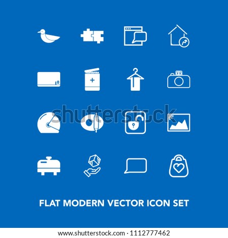 Modern, simple vector icon set on blue background with boiler, bubble, frame, equipment, pan, motorcycle, package, lock, motorbike, biker, bag, box, delivery, fashion, security, image, nature icons