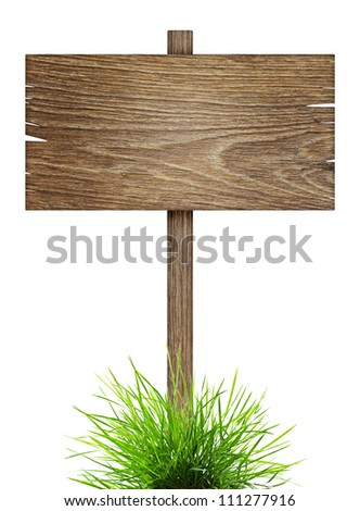 Road sign in green grass isolated on a white background