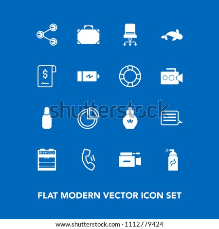 Modern, simple vector icon set on blue background with bowling, sport, street, film, object, aroma, pie, presentation, chart, interior, microphone, fish, chair, leather, cone, kitchen, message icons