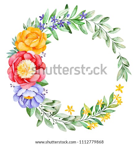Lovely wreath with peony,rose,leaves,flowers,branches and berries.Watercolor bouquet for your design.Perfect for wedding,invitations,blogs,template card,Birthday,baby cards,greeting,logos,bridal etc.