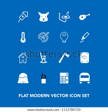 Modern, simple vector icon set on blue background with furniture, rabbit, mask, calculator, building, home, play, transportation, communication, festival, event, accounting, hat, animal, game icons