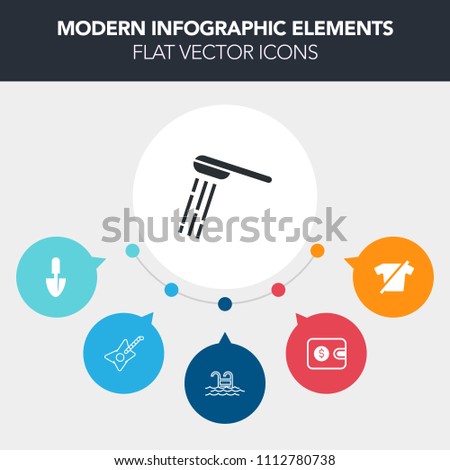 Modern, simple, colorful vector infographic background with pool, purse, head, musical, hygiene, business, equipment, shovel, work, guitar, payment, healthy, music, clothing, wash, money, blue icons