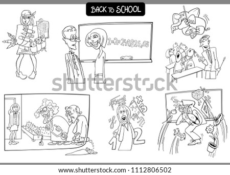 Black and White Cartoon Illustration of School and Education Characters and Situations Set