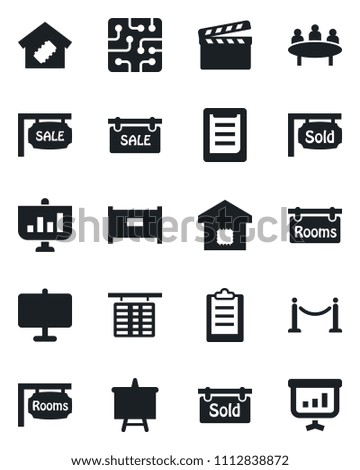 Set of vector isolated black icon - fence vector, flight table, presentation board, meeting, clipboard, clapboard, sale, rooms, sold signboard, smart home, chip