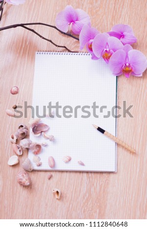 a blank sheet of paper in the center, shells, orchids and pen