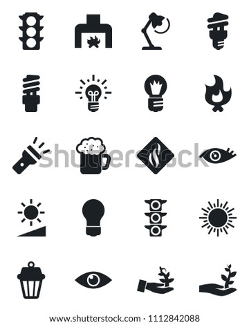 Set of vector isolated black icon - sun vector, bulb, fire, eye, traffic light, torch, brightness, desk lamp, fireplace, beer, smoke detector, energy saving, outdoor, palm sproute, idea