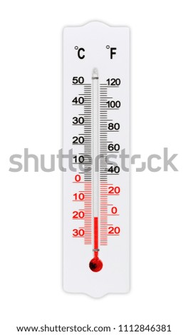 Thermometer for measuring air temperature isolated on white background. Temperature minus 19 degrees 