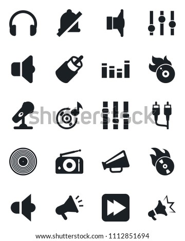Set of vector isolated black icon - vinyl vector, flame disk, microphone, radio, speaker, loudspeaker, settings, equalizer, headphones, fast forward, rca, mute, music, sound, advertising