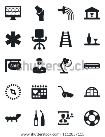 Set of vector isolated black icon - ladder vector, watering, lawn mower, greenhouse, caterpillar, monitor pulse, ampoule, ambulance star, joint, medical calendar, doctor, compass, hr, desk lamp