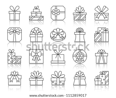 Gift thin line icons set. Outline web sign kit of box. Present linear icon collection includes surprise, package, prize. Simple gift black contour symbol with reflection vector Illustration