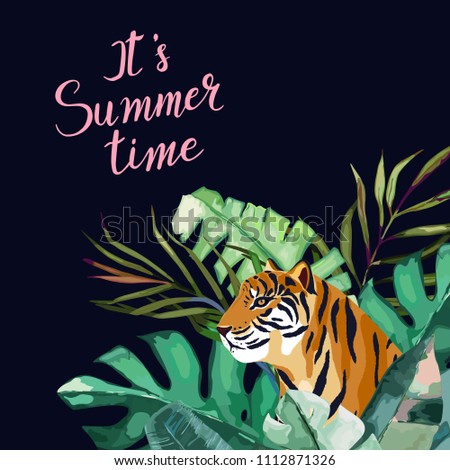 Summer frame with tropical jungle leaves and tiger. Vector aloha illustration. Watercolor style