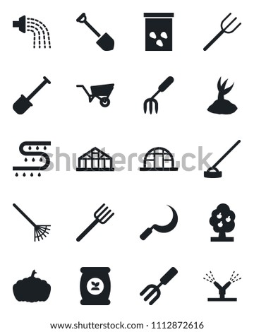 Set of vector isolated black icon - job vector, garden fork, shovel, farm, rake, wheelbarrow, watering, sproute, hoe, sickle, pumpkin, greenhouse, seeds, fertilizer, drip irrigation, fruit tree