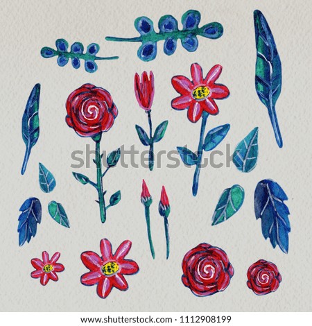 Hand drawn illustration of  flowers and leaves. Clip art isolated collection. Can be used for wedding decorations, cards, invitations and souvenirs.