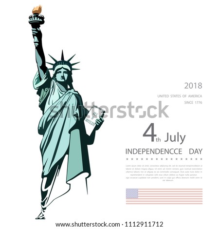 Poster. Green Linear Picture. Independence Day, USA. Statue of Liberty, book. 2018. National Symbol of America. Illustration,white, background. Use presentations, corporate reports, text, postcards,ve
