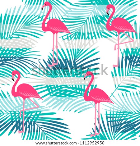 flamingo pattern with palm tropical leaves, exotic tropical Pink birds vector decoration on stripes, summer beautiful fashion water color lines seamless background on white