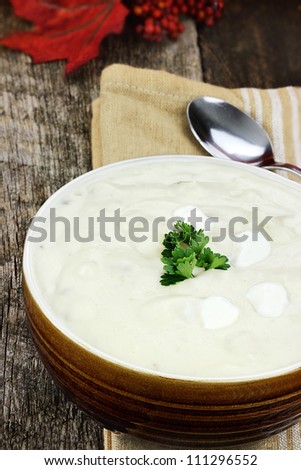 Creamy potato soup garnished with fresh parsley leaves. Shallow depth of field.